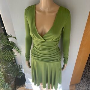 Arden B Olive Green Long-Sleeve V-Neck Ruched Dress
